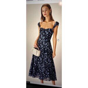 New Rihoas Navy Floral Sweetheart Neck Midi Dress XS
